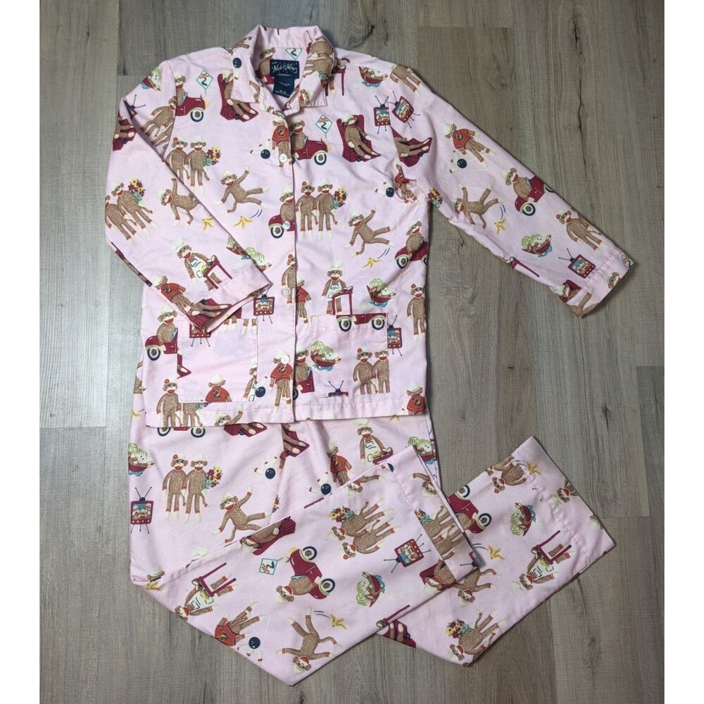 Vintage Nick & Nora Junior Size XL-16 Flannel Pajama Set Pink Sock Monkey